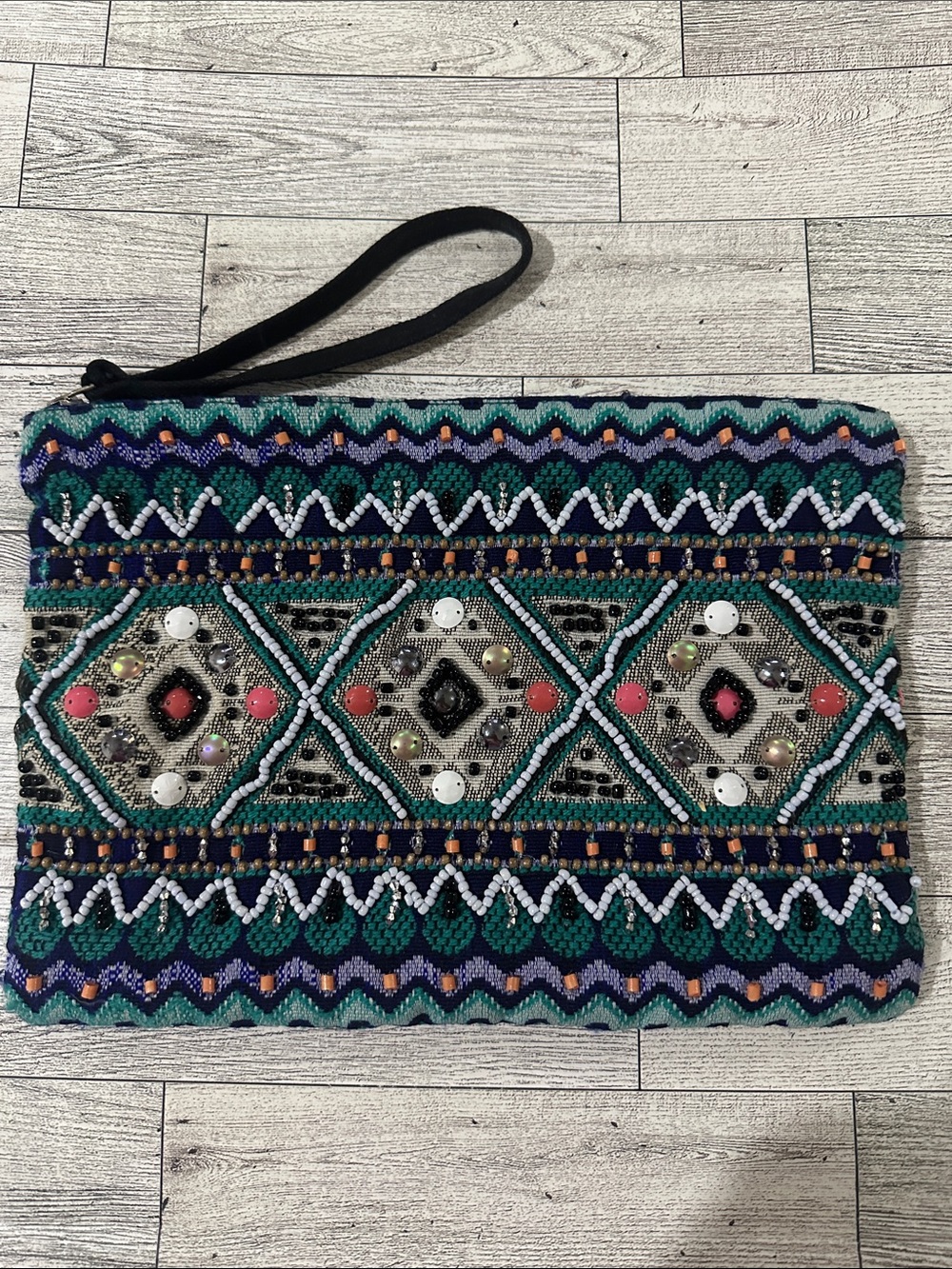 Beaded Geometric Wristlet Clutch in Teal & Navy